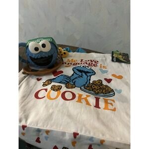 NEW Sesame Street Cookie Monster Ceramic Mug And Plate Set NWT with Tote Bag NWT